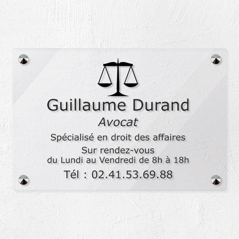Plaque avocat personnalisée en plexiglas transparent 30x20cm Plaque avocat personnalisée en plexiglas transparent 30x20cm