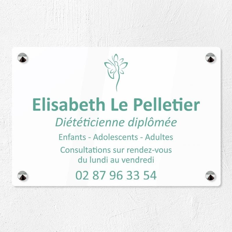 Plaque diététicienne en plexiglas quadri et logo 30x20cm